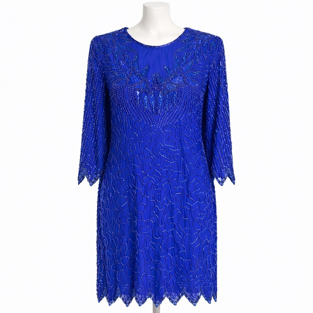 Vintage 80s Denise Elle Silk Beaded Cocktail‎ Dress Cobalt Blue Art Deco XL NWT
